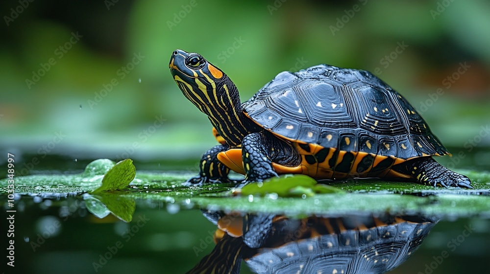 Fototapeta premium A vibrant turtle resting on lily pads, reflecting in calm water.