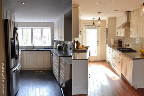 Before and after kitchen renovation with white cabinets and stainless steel appliances.