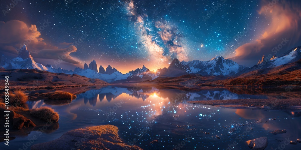 Mount Fitz Roy under the Starry Sky and Milky Way: Snow-capped peaks, serene lake, and breathtaking nightscape in Argentina's Patagonia. Mount Fitz Roy under the Starry Sky and Milky Way: Snow-capped peaks, serene lake, and breathtaking nightscape in Argentina's Patagonia.