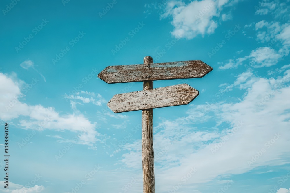 Two wooden signs point in different directions against a blue sky with white clouds. Two wooden signs point in different directions against a blue sky with white clouds.