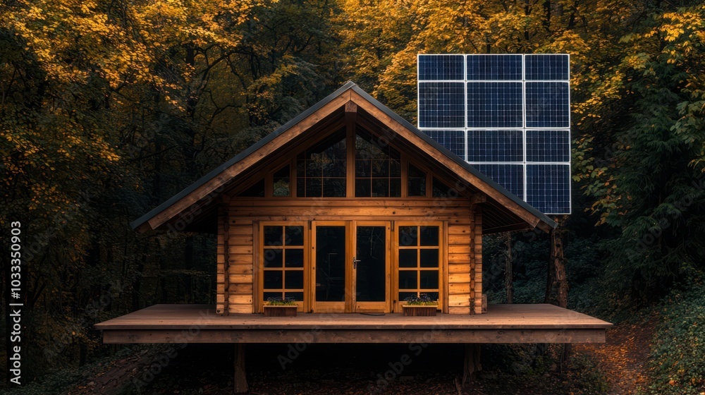 Sustainable Cabin with Solar Panels in Autumn Forest Sustainable Cabin with Solar Panels in Autumn Forest