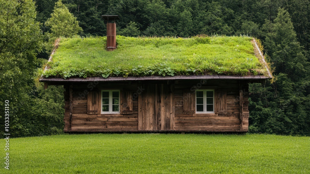 Green Roof Wooden Cabin in Forest Green Roof Wooden Cabin in Forest