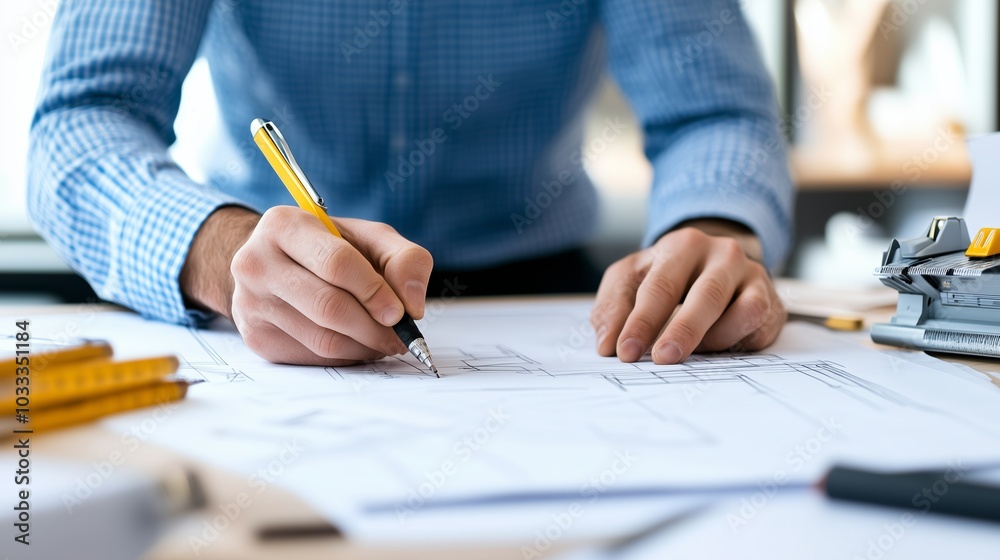 A person sketches architectural plans on paper at a well-lit workspace surrounded by drafting tools A person sketches architectural plans on paper at a well-lit workspace surrounded by drafting tools