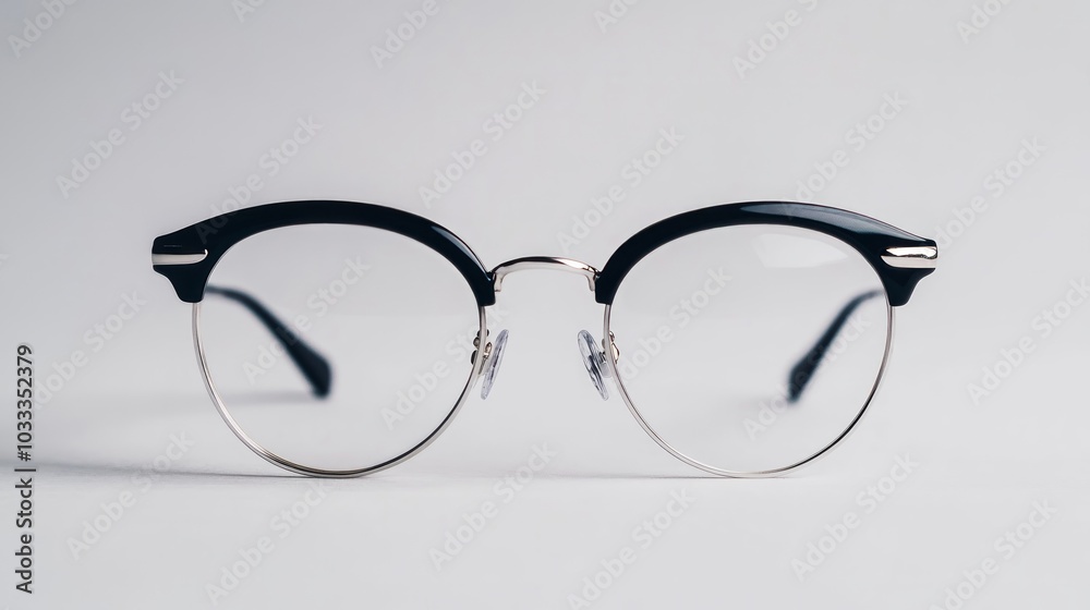 Fototapeta premium A pair of black framed eyeglasses with clear lenses on a white background. (1)