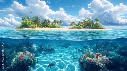 A serene tropical scene showcasing islands above water and vibrant coral reefs below.