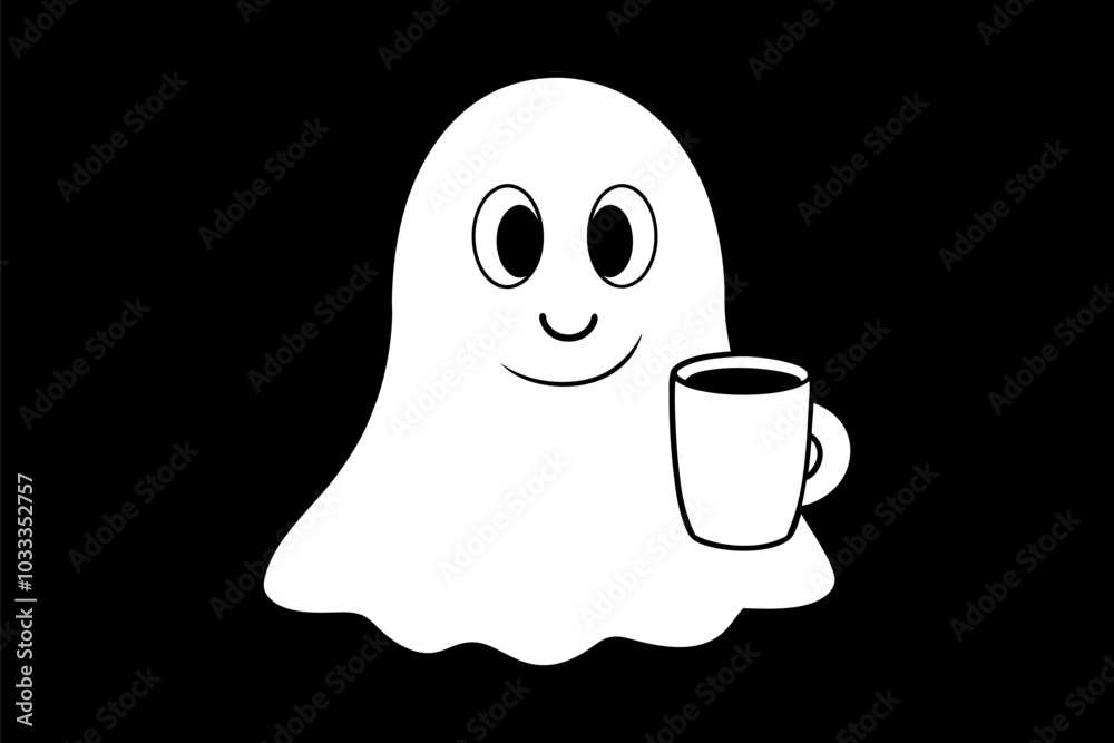 Cute white ghost with coffee cup. Flat style vector illustration Cute white ghost with coffee cup. Flat style vector illustration