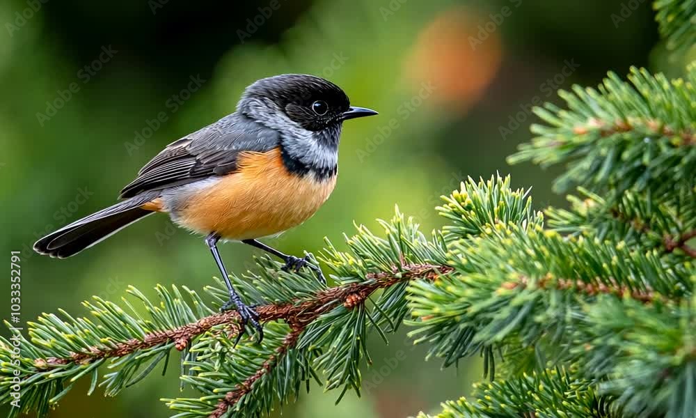 A small bird perched on a pine branch, showcasing its vibrant plumage in a natural setting. A small bird perched on a pine branch, showcasing its vibrant plumage in a natural setting.