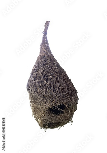 Picture of a water drop shaped bird's nest made from scraps of branches placed on a white background. Easy to cut, versatile, made from natural materials.