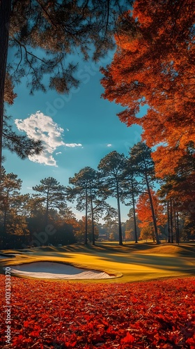 A wide shot of the iconic golf ground in the pine forestin autumn, overlooking the green and sand-colored fairway with beautiful trees and a blue sky in the background photo