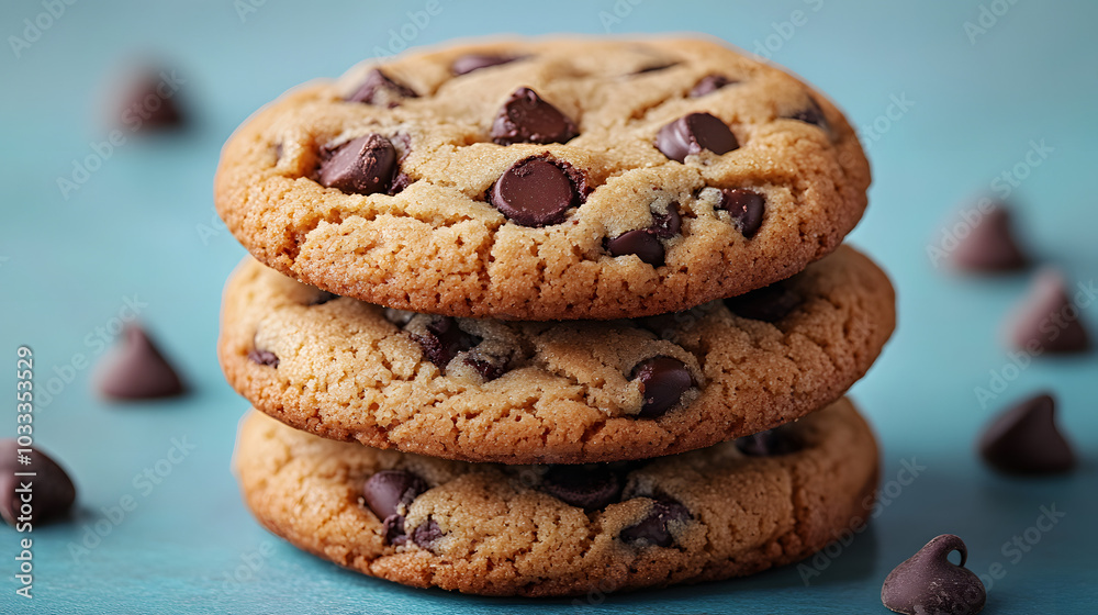 A Stack of Three Large Chocolate Chip Cookies Against a Simple Background. These Delicious Cookies, with Their Gooey Chocolate Chips and Golden Brown Color, Make for an Irresistible Treat, Perfect for A Stack of Three Large Chocolate Chip Cookies Against a Simple Background. These Delicious Cookies, with Their Gooey Chocolate Chips and Golden Brown Color, Make for an Irresistible Treat, Perfect for