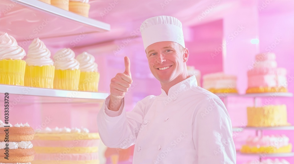 Happy Pastry Chef Giving Thumbs Up in Vibrant Kitchen Surrounded by Beautifully Displayed Cakes and Pastries Happy Pastry Chef Giving Thumbs Up in Vibrant Kitchen Surrounded by Beautifully Displayed Cakes and Pastries
