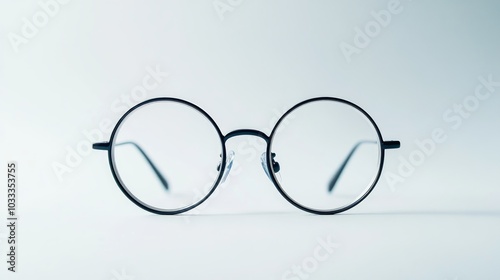 A pair of black round-rimmed glasses sit on a white background.