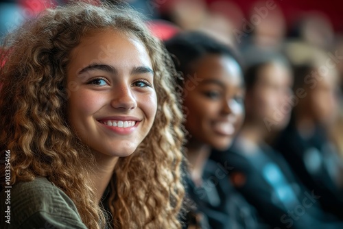 Students smiling in a high school lecture, Generative AI