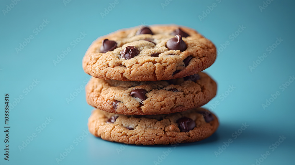 A Stack of Three Large Chocolate Chip Cookies Against a Simple Background. These Delicious Cookies, with Their Gooey Chocolate Chips and Golden Brown Color, Make for an Irresistible Treat, Perfect for A Stack of Three Large Chocolate Chip Cookies Against a Simple Background. These Delicious Cookies, with Their Gooey Chocolate Chips and Golden Brown Color, Make for an Irresistible Treat, Perfect for