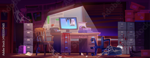 Abandoned broken detective office interior with damaged furniture, blood splashes, lying man legs, cobweb. Cartoon vector illustration of crashed police bureau room. Mess in investigator cabinet.