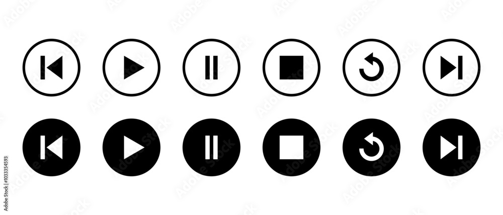 Previous, play, pause, stop, repeat, and next track icon on black circle. Media player control button Previous, play, pause, stop, repeat, and next track icon on black circle. Media player control button