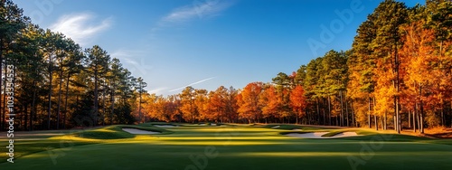 A wide shot of the iconic golf ground in the pine forestin autumn, overlooking the green and sand-colored fairway with beautiful trees and a blue sky in the background photo