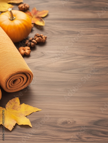 A cozy autumn scene featuring a rolled orange towel, a small pumpkin, and scattered leaves and nuts on a wooden surface.