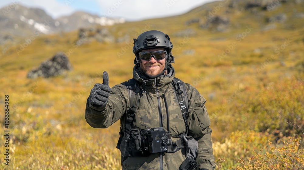 Proud Wildlife Photographer Giving Thumbs Up in Natural Setting with Stunning Landscapes and Wildlife - Ultra-Detailed Shot Proud Wildlife Photographer Giving Thumbs Up in Natural Setting with Stunning Landscapes and Wildlife - Ultra-Detailed Shot