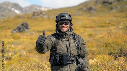 Proud Wildlife Photographer Giving Thumbs Up in Natural Setting with Stunning Landscapes and Wildlife - Ultra-Detailed Shot