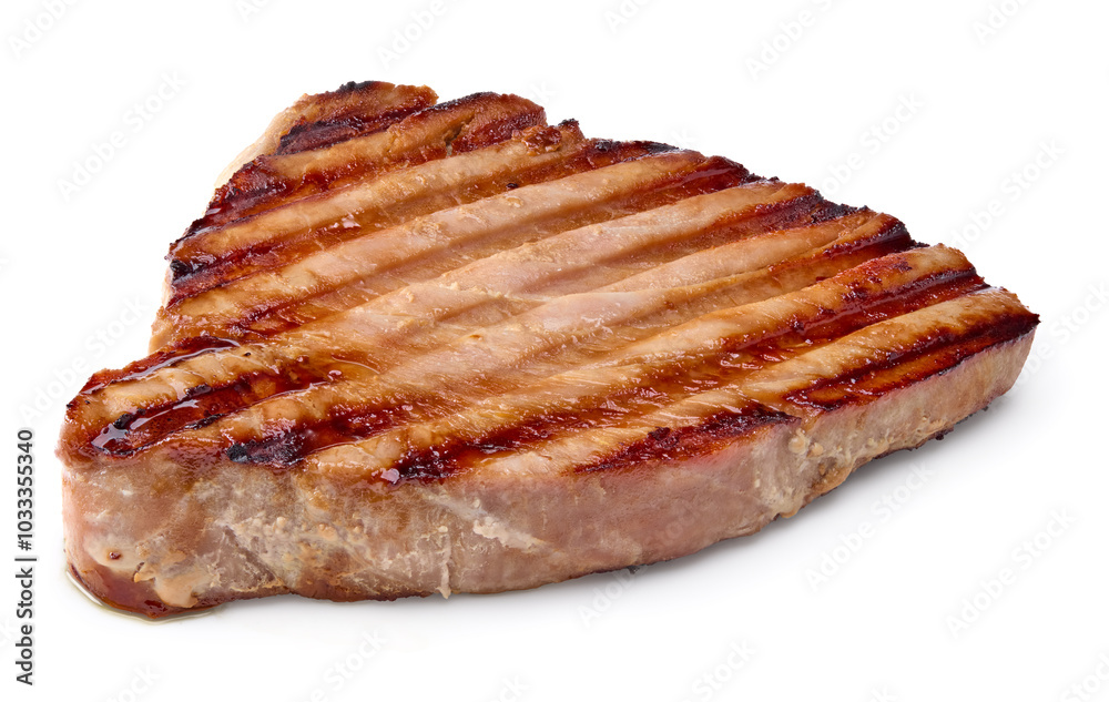 grilled sliced tuna steaks isolated on white background. clipping path grilled sliced tuna steaks isolated on white background. clipping path