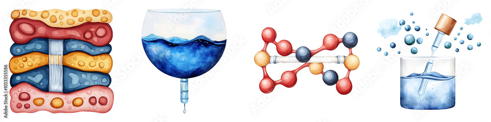 Obraz premium The image features a colorful illustration of scientific concepts related to water, including structures, molecules, and fluid dynamics.