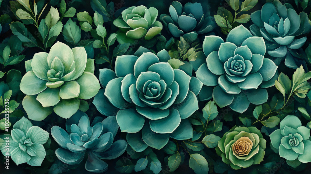 Cute Tropical Summer Succulents Seamless Pattern in Blue and Green Tones Cute Tropical Summer Succulents Seamless Pattern in Blue and Green Tones