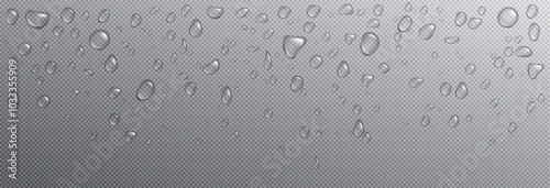 Water droplets on glass or window surface. Condensation round drops on transparent background. Realistic 3d vector illustration of dewy bg with fresh humid effect. Clean liquid raindrop pattern.
