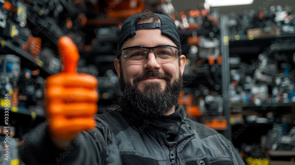 Proud Robotics Engineer in Workshop Giving Thumbs Up Among Robotics Kits and Prototypes, Ready for Next Project Proud Robotics Engineer in Workshop Giving Thumbs Up Among Robotics Kits and Prototypes, Ready for Next Project