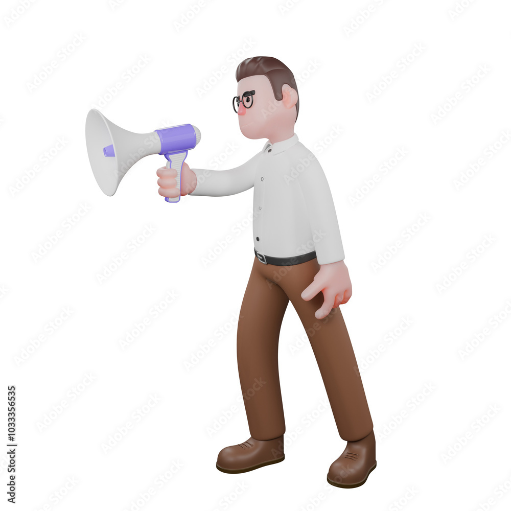 Male Professional Sociologist - 3D Character. A male sociologist is walking while talking with a loudspeaker. Societal Cartoon Male Professional Sociologist - 3D Character. A male sociologist is walking while talking with a loudspeaker. Societal Cartoon