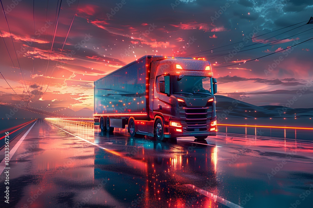 A semi truck driving down a wet road A semi truck driving down a wet road