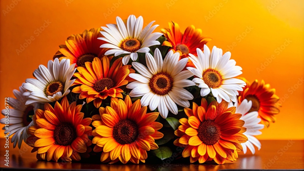 A bouquet of white and orange daisies with green leaves on a wooden table with an orange background. A bouquet of white and orange daisies with green leaves on a wooden table with an orange background.