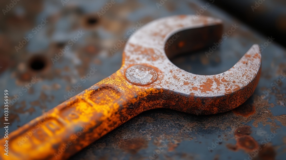 a rusty wrench sitting on top of a metal table a rusty wrench sitting on top of a metal table