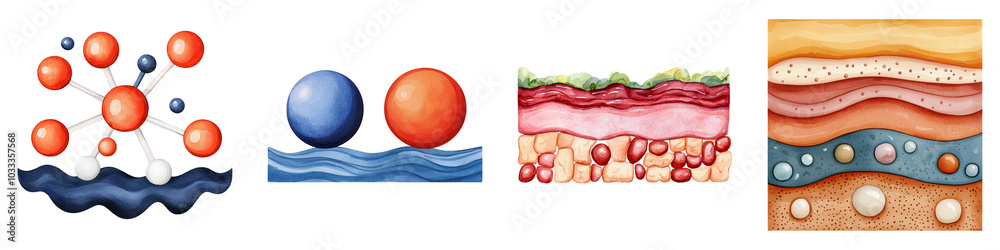 Obraz premium The image features abstract representations of molecular structures, spheres, and layered textures, illustrating concepts in chemistry and biology.