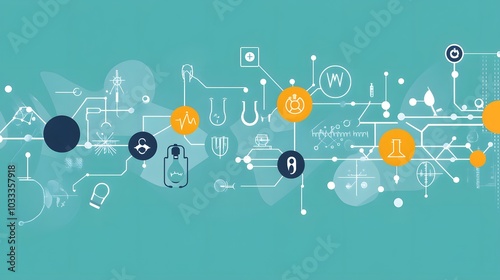 Abstract Network of Interconnected Scientific Symbols and Icons on Turquoise Background