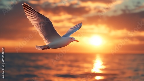 a bird flying over the ocean at sunset