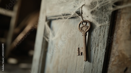 Rusty antique key on weathered wooden door, closeup