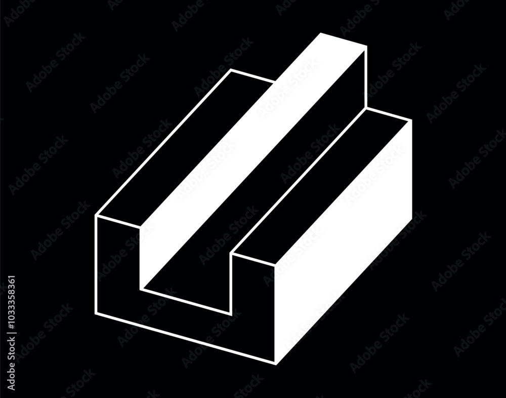 Optical deception. 3D. The bar with the recess goes into the ledge on black background. Optical deception. 3D. The bar with the recess goes into the ledge on black background.