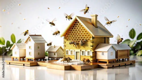 Miniature houses with a beehive house in the middle.