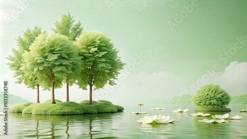 Tranquil scene of a small island with trees and lily pads in a calm lake with a soft green and blue sky.