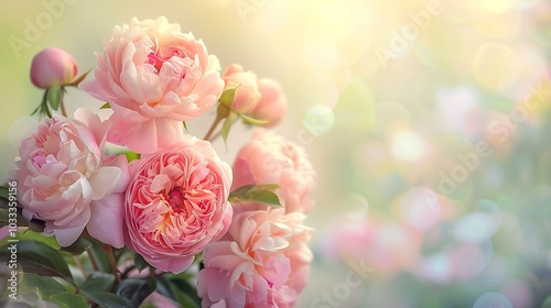 A dreamy bouquet of roses and peonies, with the soft light and blurred background creating a serene and magical atmosphere that feels almost surreal. 8k UHD, suitable for high-quality printing 