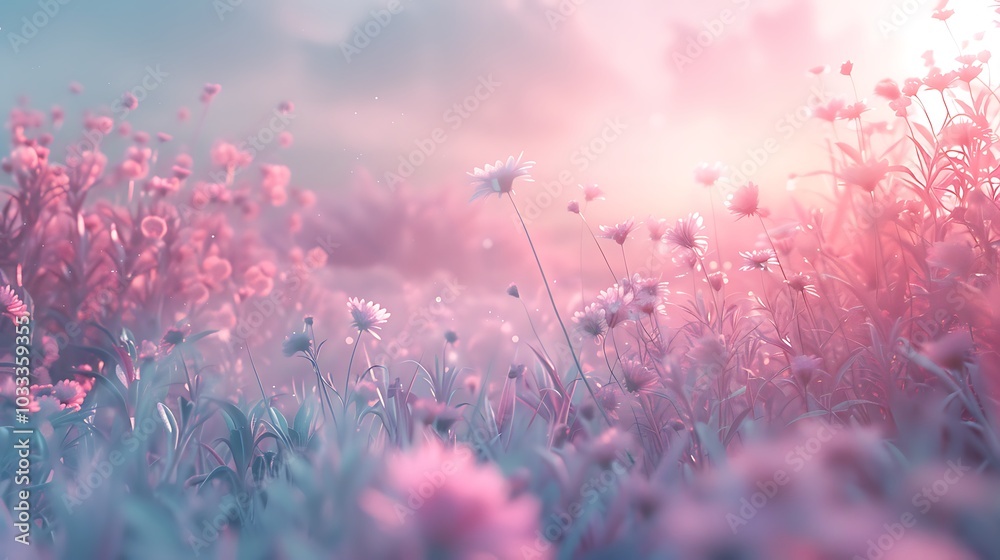 A dreamy field of soft pastel flowers gently swaying in a light breeze, with a glowing sunlit haze creating a magical, ethereal atmosphere. 8k UHD, suitable for high-quality printing or digital A dreamy field of soft pastel flowers gently swaying in a light breeze, with a glowing sunlit haze creating a magical, ethereal atmosphere. 8k UHD, suitable for high-quality printing or digital