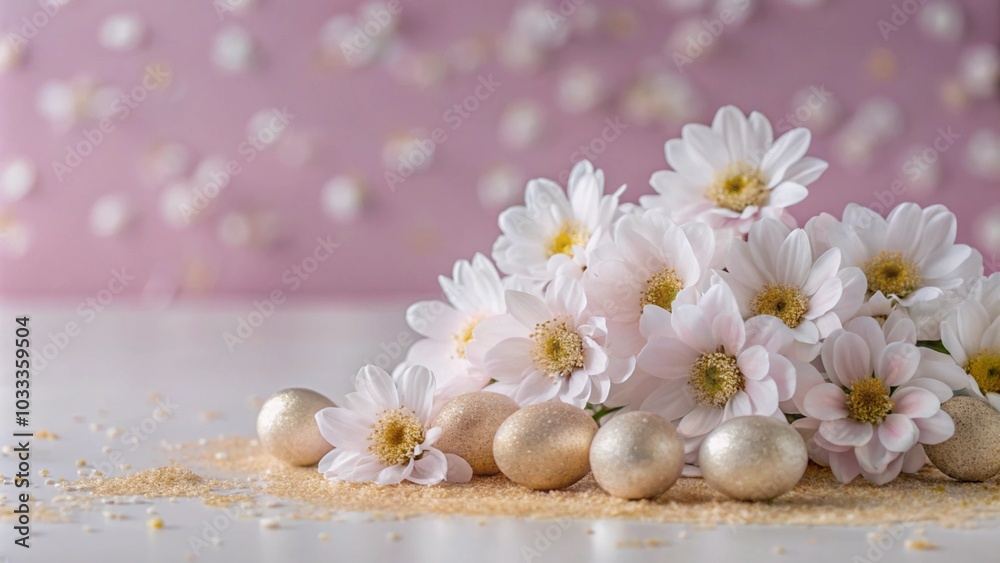 Golden Easter eggs and white chrysanthemums on a white table with a pink background.