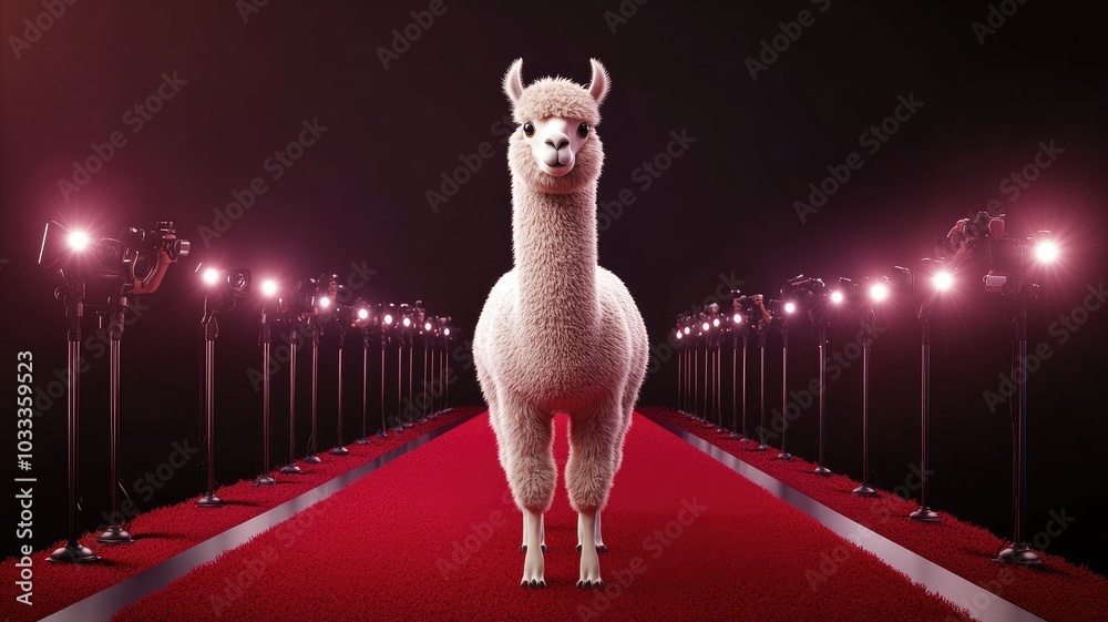 Fototapeta premium An alpaca posing confidently on a red carpet, surrounded by flashing cameras.