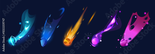 Space comets set isolated on black background. Vector cartoon illustration of neon color asteroid rocks flying in sky with blue ice, orange fire, purple trails, meteorite rain, alien galaxy elements