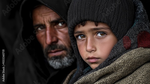 Portrait of a man and child with intense expressions, set against a dark background.