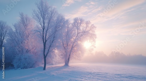 Winter serenity: ultra-realistic 8k view of frost-covered trees at sunrise