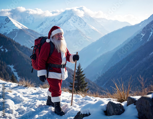 A smiling Santa Claus is hiking and walking in the snow-covered mountains in winter, with beautiful clouds in the blue sky. Christmas atmosphere.