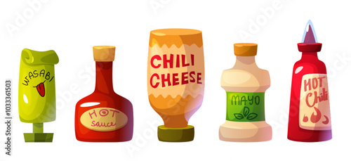 Tasty seasoning sauces in plastic and glass bottle and tube - hot chili and spicy cheese, mayonnaise and wasabi. Cartoon vector illustration set of condiment tangy dish in container with labels.