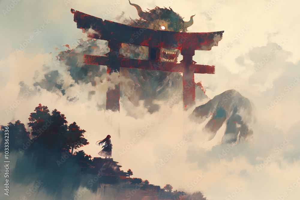 Obraz premium A Powerful Monster Emerging from the Mist, Its Overwhelming Presence Enveloping the Surroundings – A Watercolor Effect Adds Softness to This Fantasy Scene, Perfect for Creative Projects
